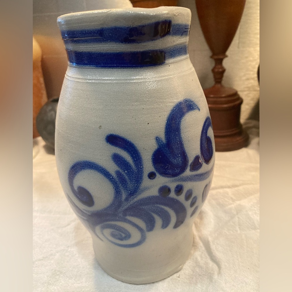 Salt-glazed Vintage floral jug pitcher European Cobalt Flourish Decorative EUC